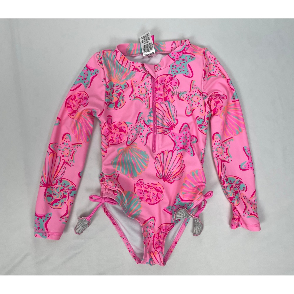 Betsey Johnson Girl Size 5 Pink One Piece Swimsuit Long Sleevess Seashells Zip